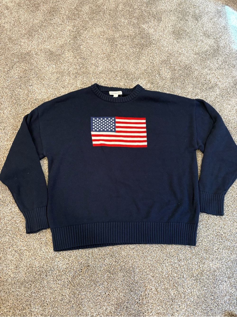 Aeropostale Navy Crewneck Sweater with American Flag Patch